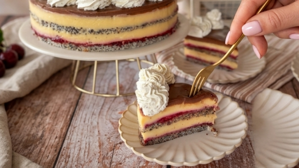 Sočna torta sa makom, žutom kremom i voćnim filom